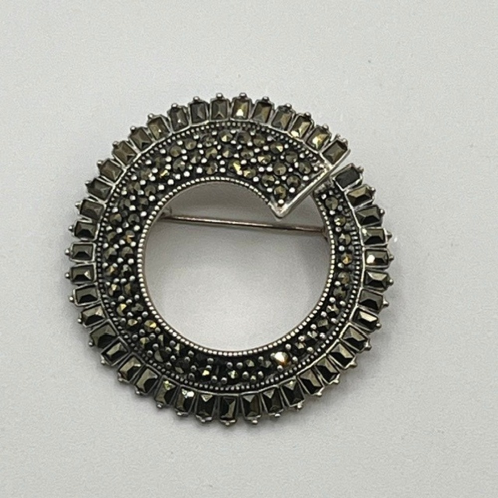 Vintage Sterling Silver Marcasite Spiral Brooch Pin 925 Thailand Art Deco Style